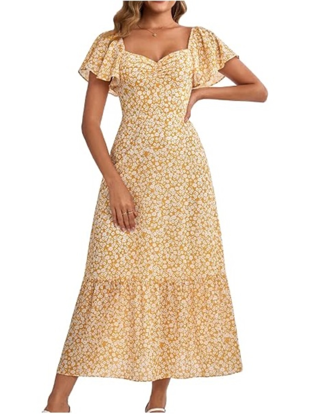 Floral Sweetheart Neckline Maxi Dress in Yellow